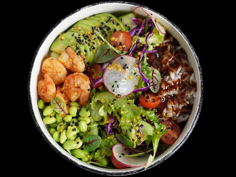 Боул с креветкой, рисом и авокадо