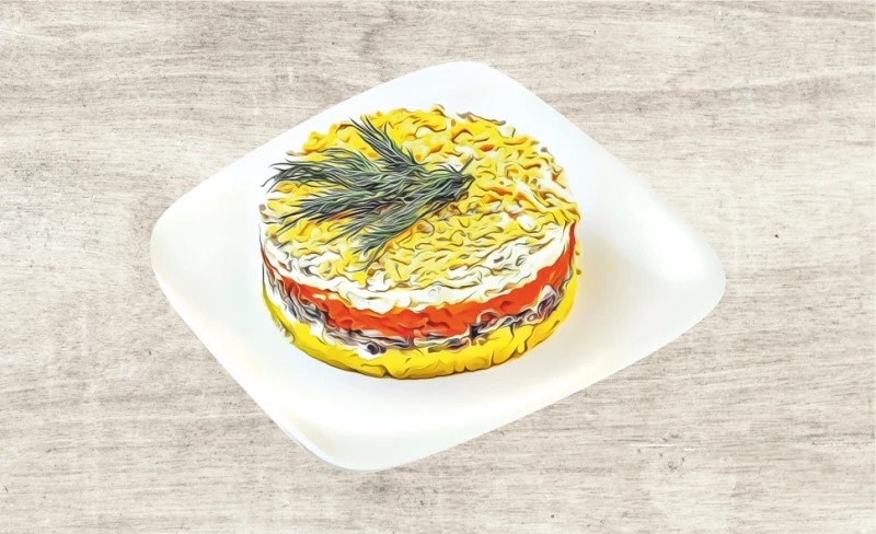 Оливье с  лососем и авокадо 