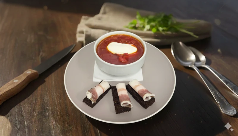 Борщ с гренками и салом