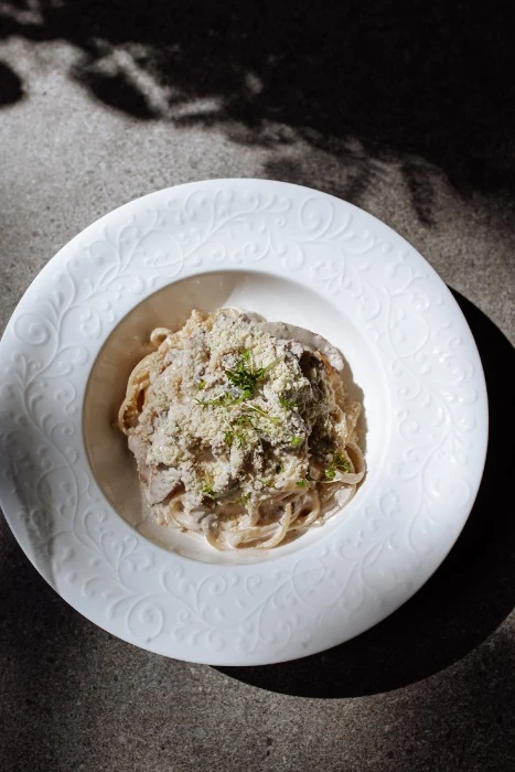 Паста с курицей , грудинкой и грибами