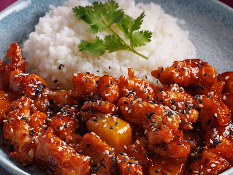 Курица поп -корн с ананасом и рисом