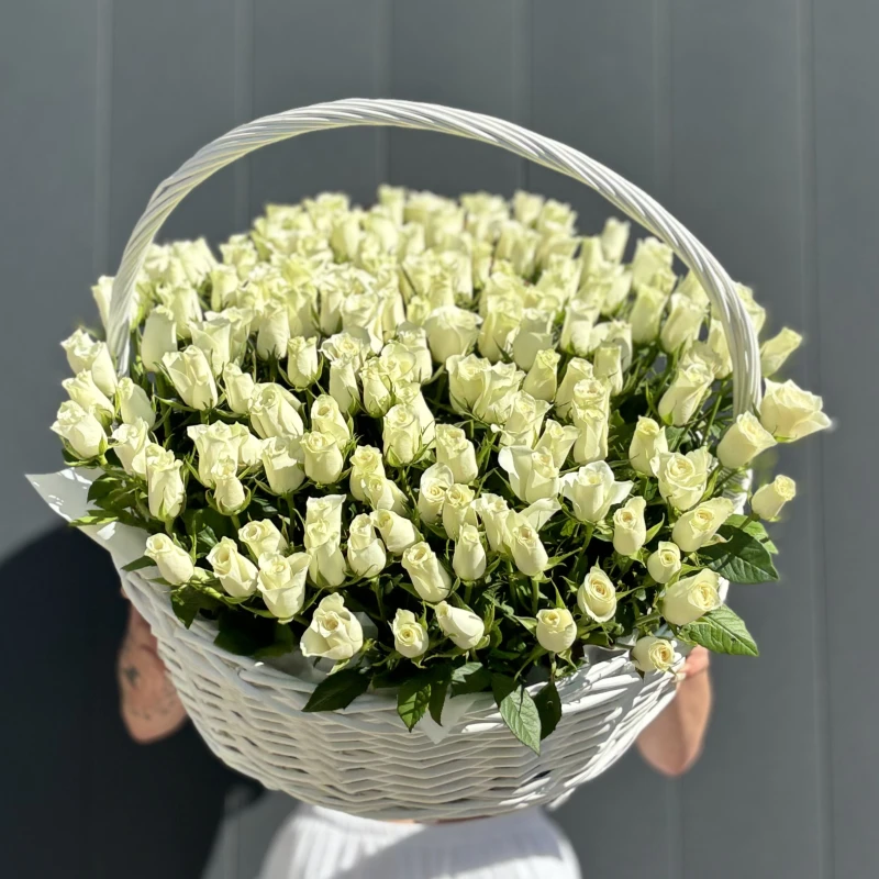 Композиция из 151 белой розы в корзине