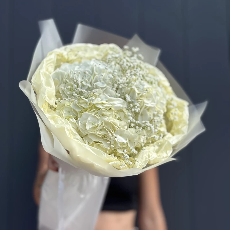 Букет из 3х белых гортензий с гипсофилой