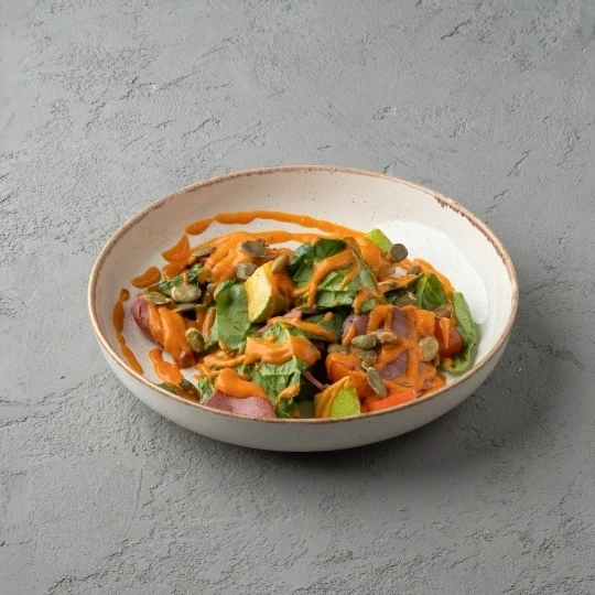 Салат с Пастрами из говядины и соусом Ромеско