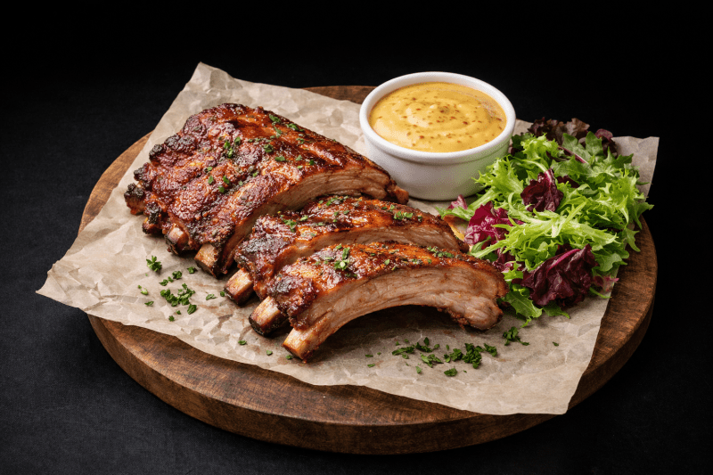 Подкопченые свиные ребра с горчичным соусом