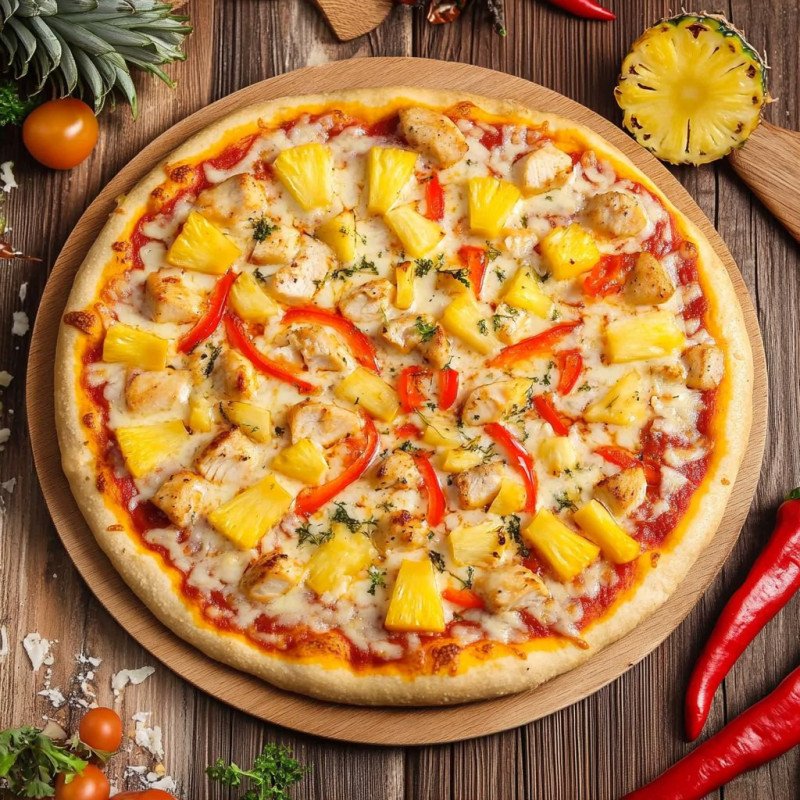 Пицца с курицей и ананасами 25см