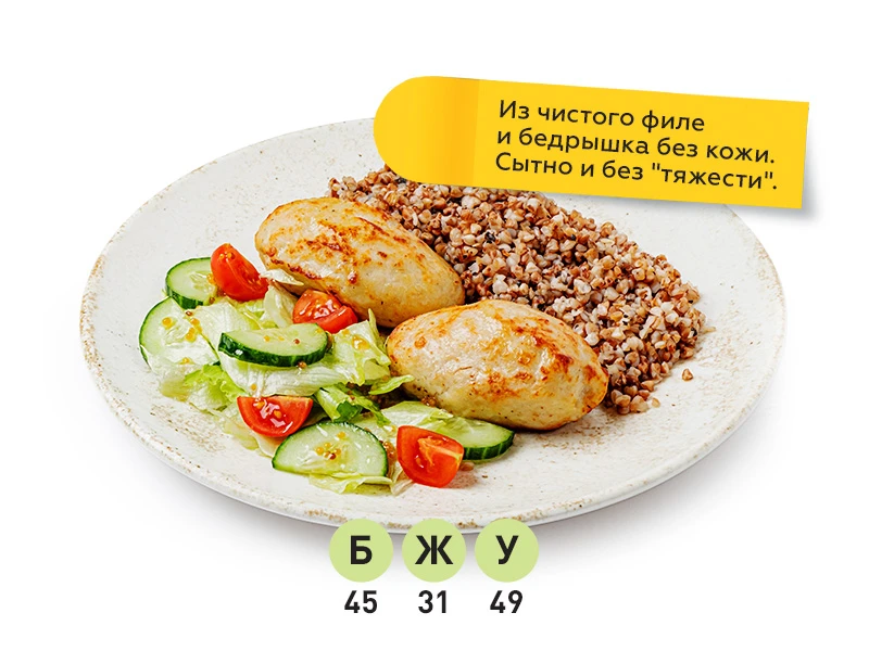 Куриные котлеты с гречкой и салатом из свежих овощей