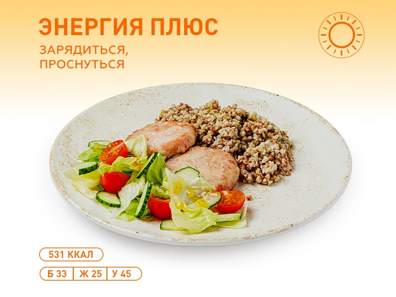 Куриные биточки с гречкой и салатом из свежих овощей