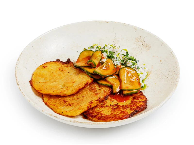 Драники с риетом из копченого судака