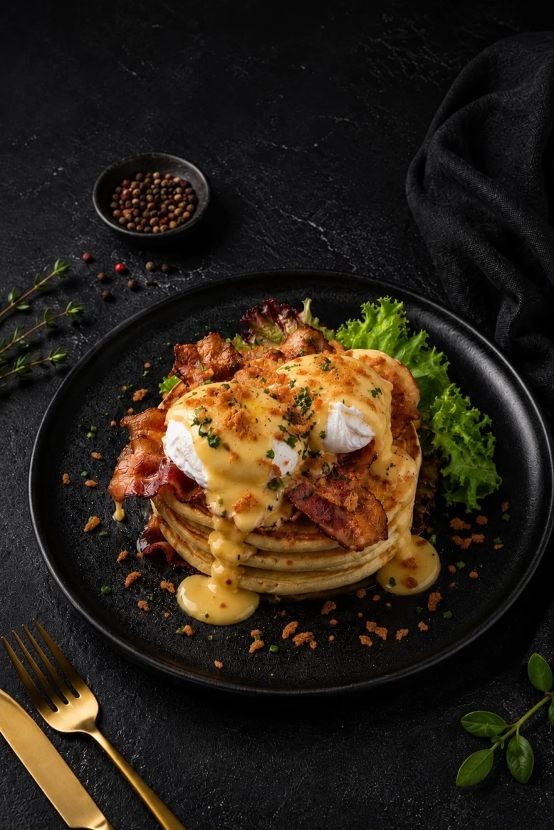 Панкейки с беконом, яйцом пашот и сырным соусом