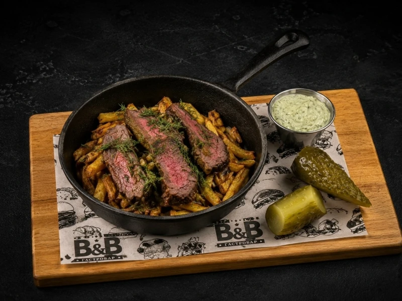 Жареная картошка с говяжьей вырезкой и грибами