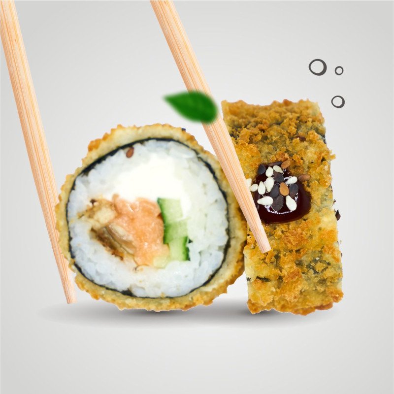 Темпура с лососем и угрём в соусе унаги