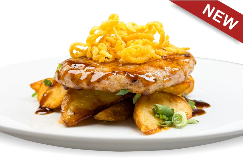 Бифштекс из индейки с картофельными дольками и соусом из печеного перца 170/100/30