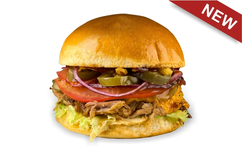 Бургер с рваной свининой, острыми огурцами и перцем халапеньо 360 гр