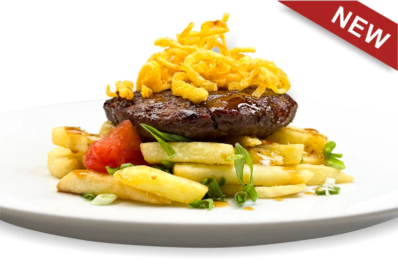 Бифштекс из говядины с хрустящим луком и соусом винегрет 170/100/40