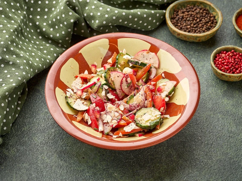 Фаттуш - ливанский овощной салат с чипсами из питы и гранатовой заправкой