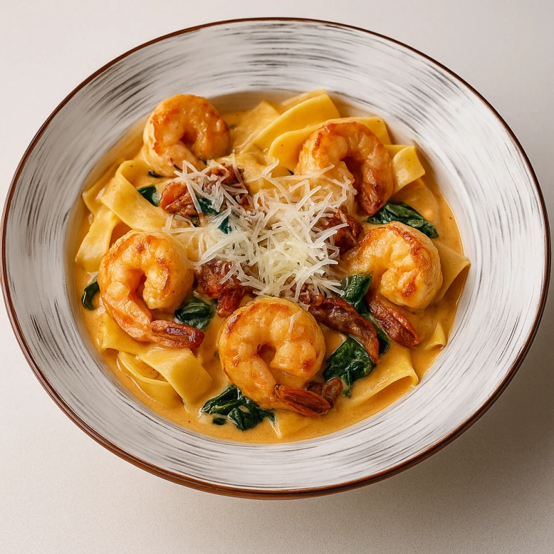 Паппарделе с креветками и вялеными томатами
