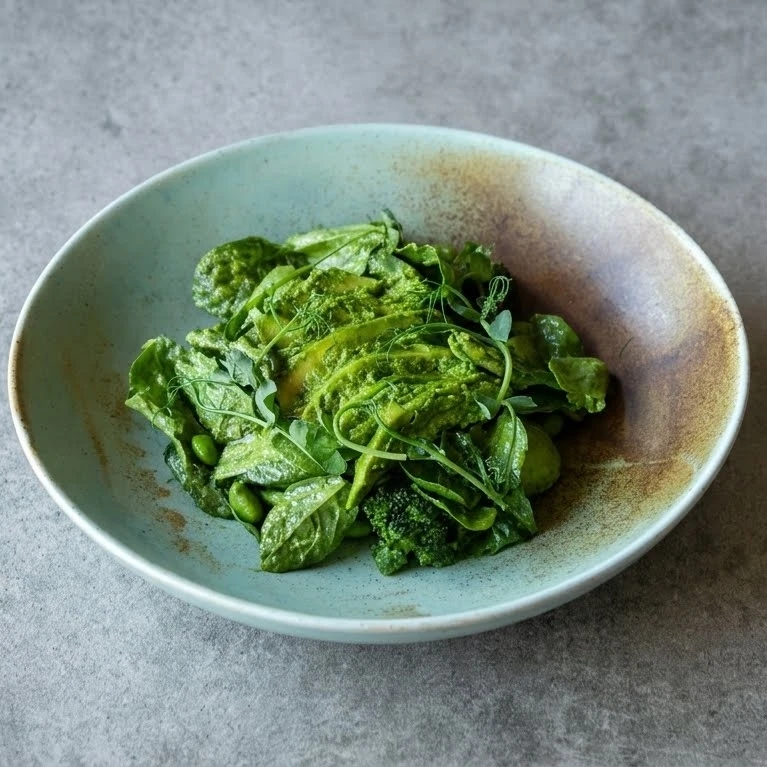 Зеленый салат с авокадо, брокколи и зелеными бобами