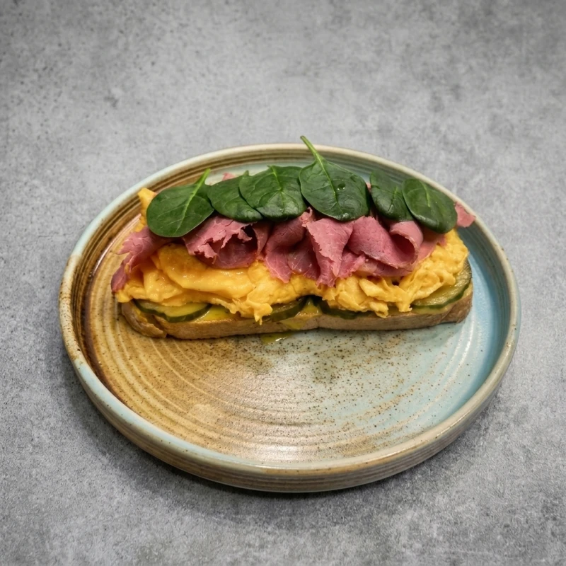 Брускетта со скрамблом и пастрами