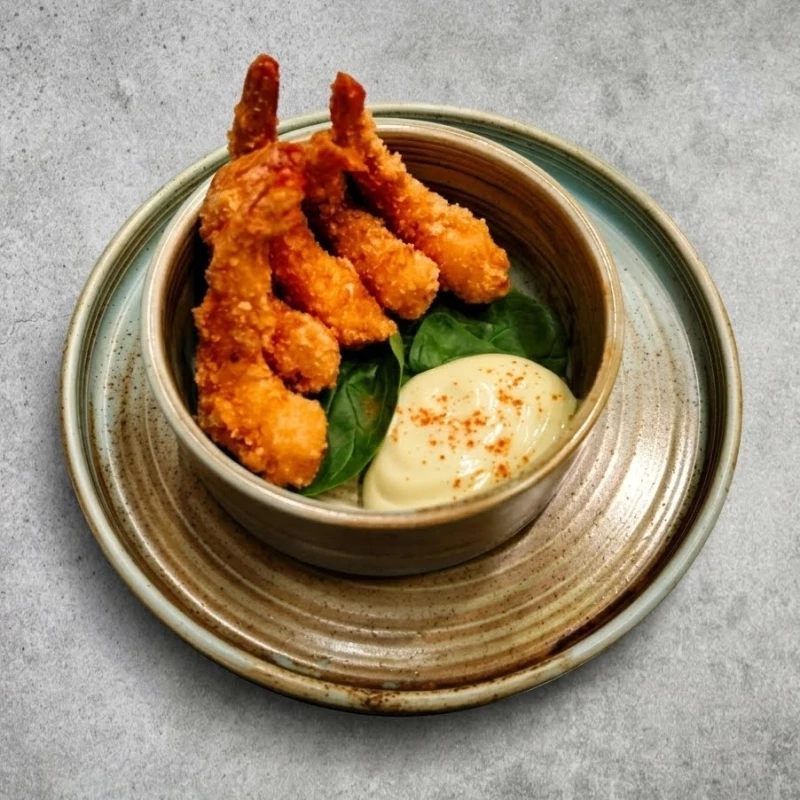 Хрустящие тигровые креветки с соусом васаби