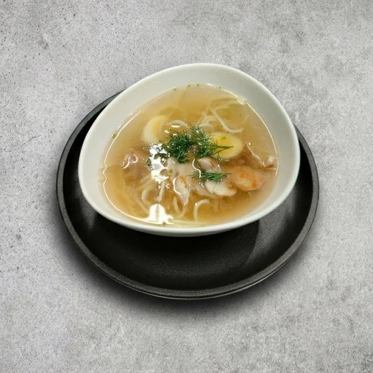 Куриный бульон с лапшой и ломтиками индейки