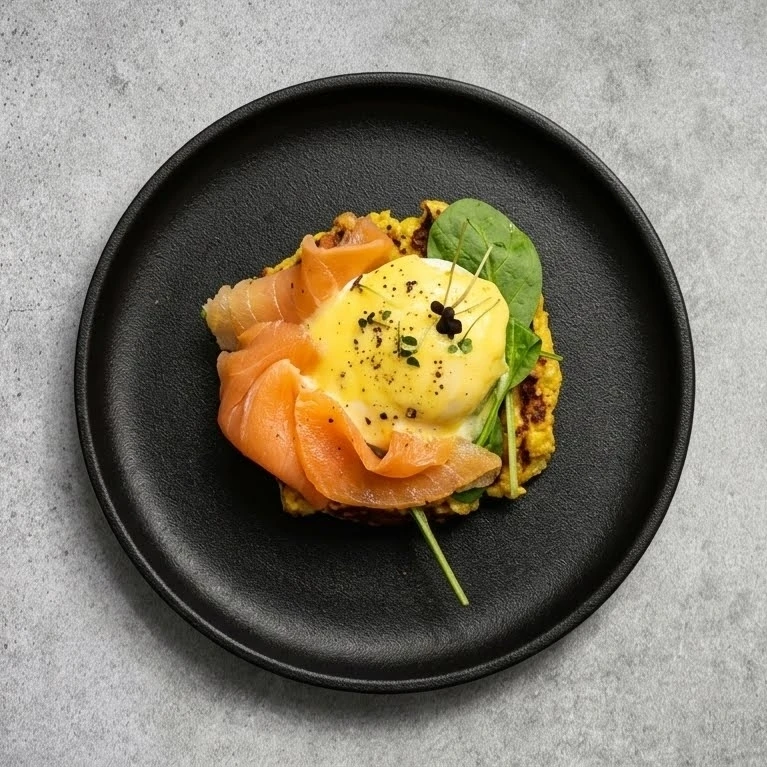 Картофельная вафля с яйцом Бенедикт, лососем собственного посола и свежим шпинатом