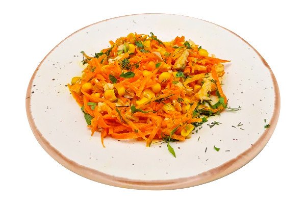 С корейской морковью, копченой курицей и кукурузой 