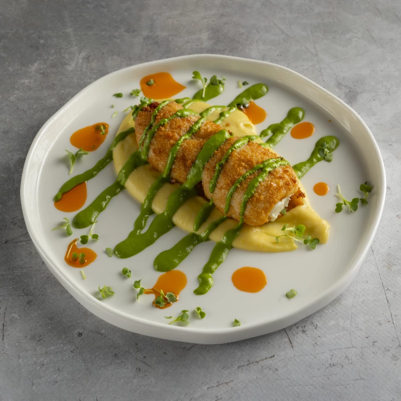 Кальмар в панировке с сырным муссом и кукурузным пюре