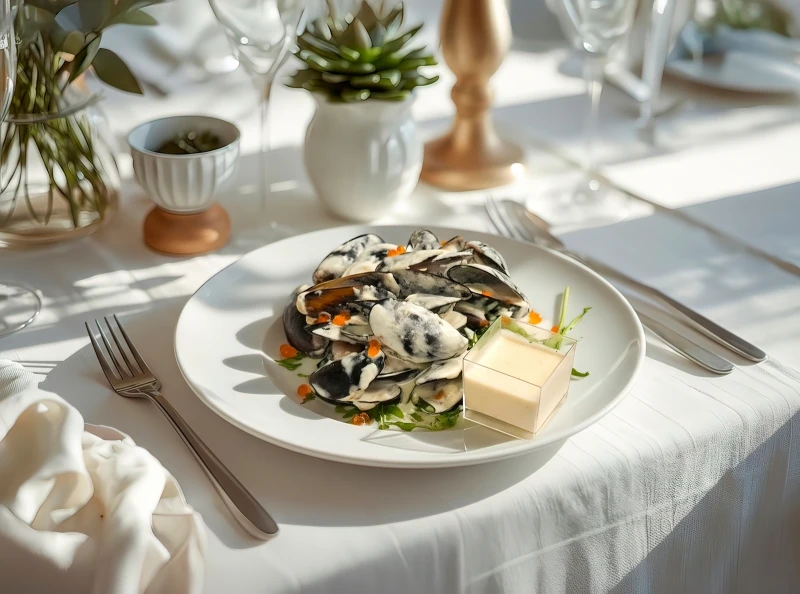 Мидии в сливочном соусе с голубым сыром