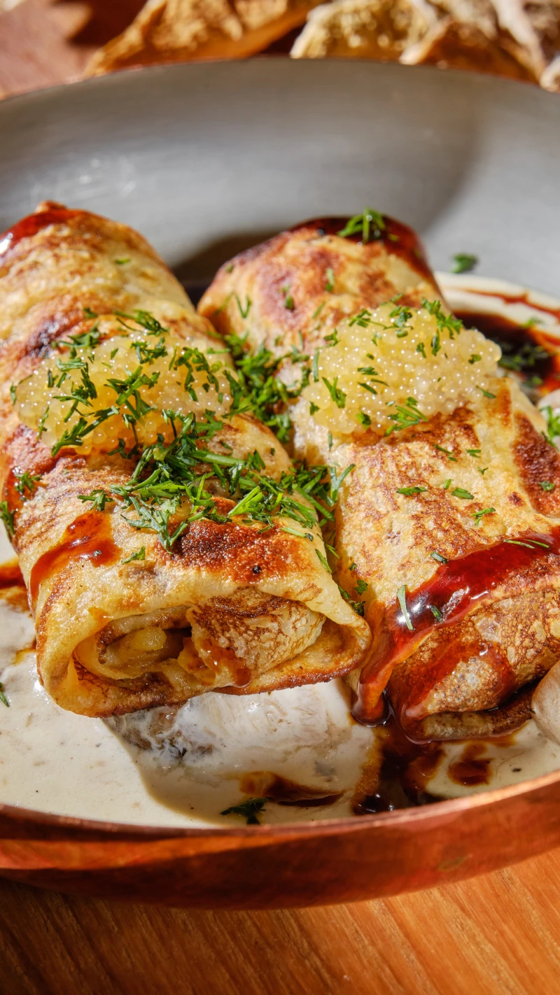 Блины с печеным картофелем и белыми грибами
