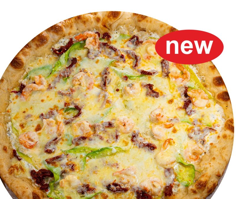 Пицца с креветками, цукини и вялеными томатами 1+1