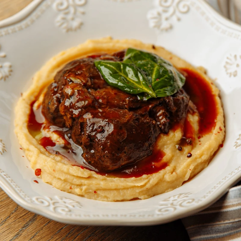 Томлёные говяжьи щёчки с картофельным кремом