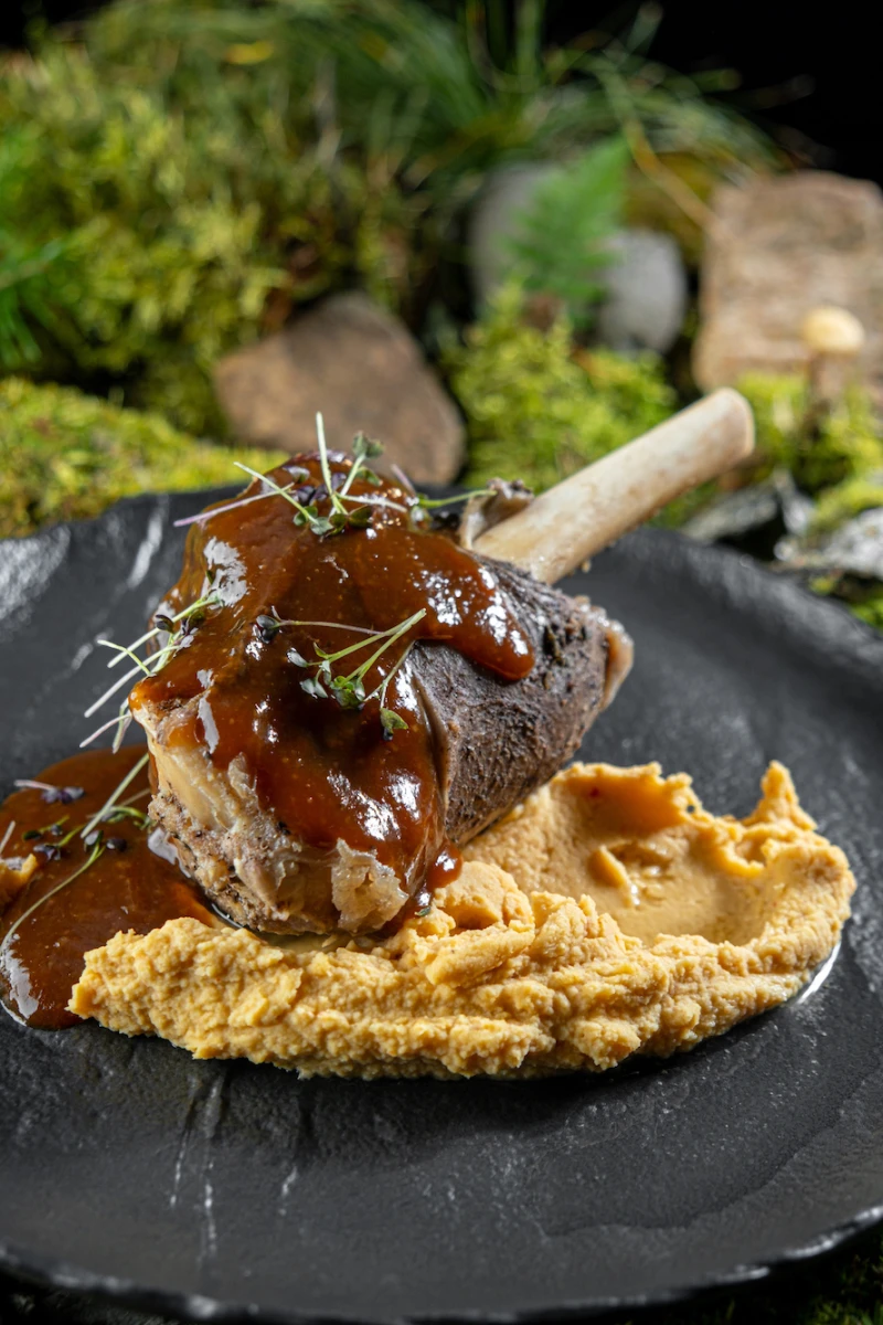 Томлёная голень ягнёнка с хумусом и  ароматным соусом