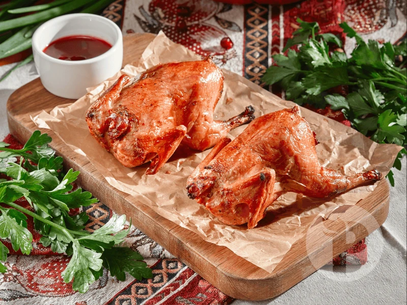 Перепелки с брусничным соусом