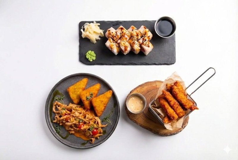 Комбо №3 А-ля строганов, хрустящие креветки и ролл с беконом