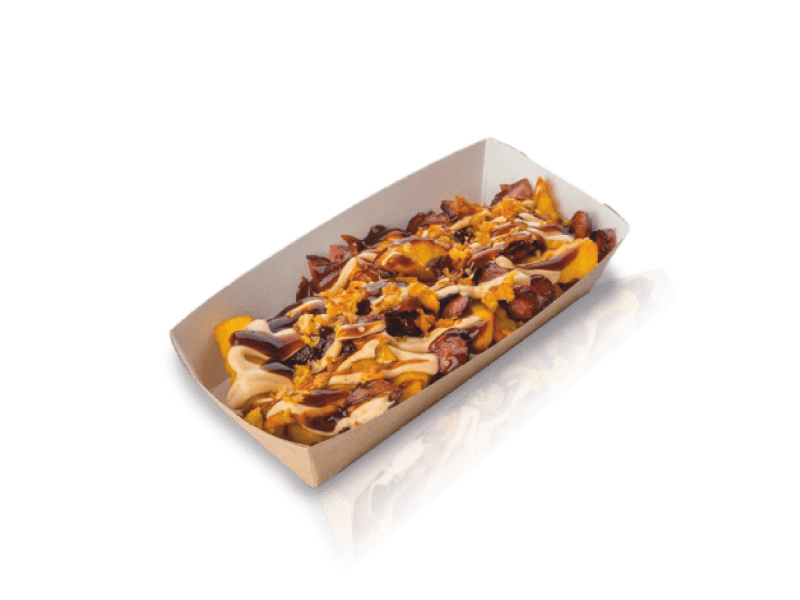 Канадский картофель с беконом, колбасками и хрустящим луком