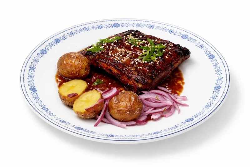 Свиные дымные ребра с мини картофелем и пряным соусом