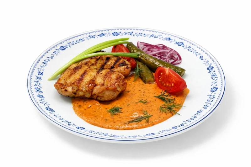 Бедро цыпленка на огне с малосольными овощами и томатной юшкой