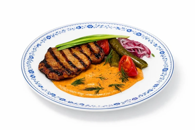 Свиная шея на огне с малосольными овощами и томатной юшкой