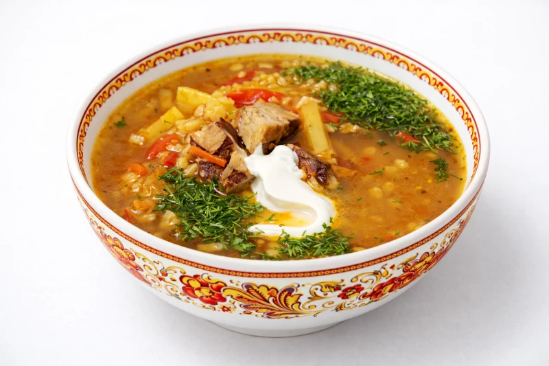 Щи Уральские из квашеной капусты с перловкой и копченой свининой