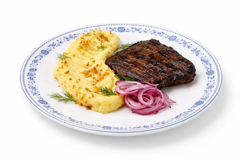 Говяжий край с картофельным пюре и маринованным луком