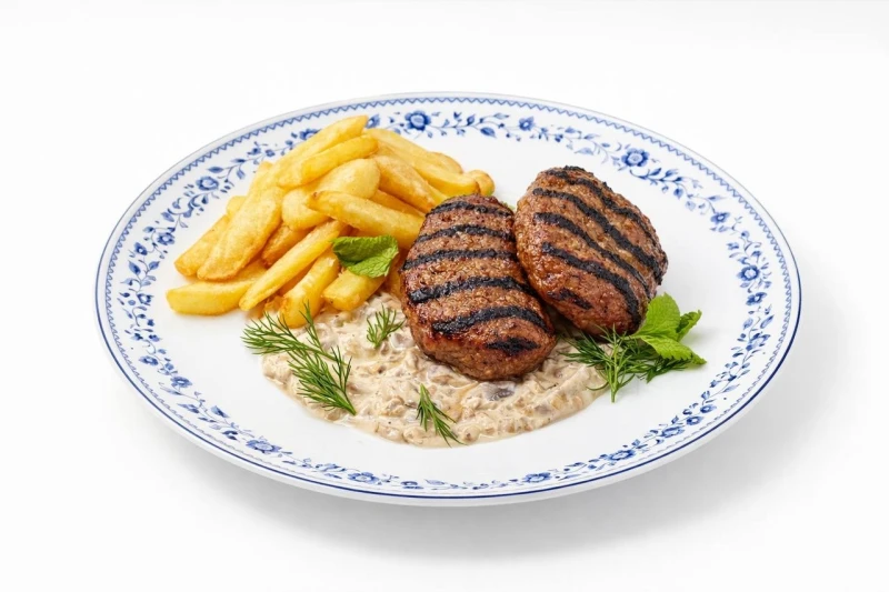 Рубленные Сибирские котлеты на огне с обжаренным картофелем и грибным соусом